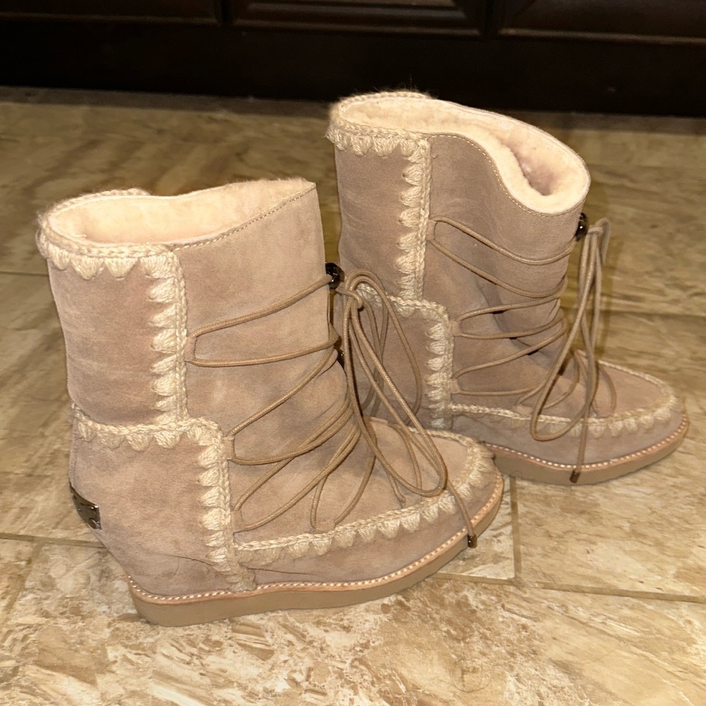Mou internal wedge French toe tie up boots tan fall cute warm